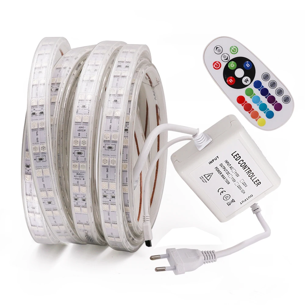 5050 RGB LED Strip Light AC 220V Waterproof + 24Key Remote Double Row 120LEDs/m Led Tape Rope For Home Decoration | Лампы и освещение