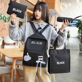 

4pcs Ribbons Bowknot Canvas Backpack School Daypack Schoolbag Shoulder Bag Student Pencil Case Purse Set for Teenagers Girls