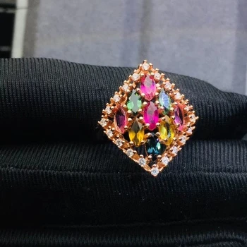 

Luxurious big rhombus Natural Multicolor tourmaline gem ring S925 silver natural gemstone ring girl women party gift jewelry