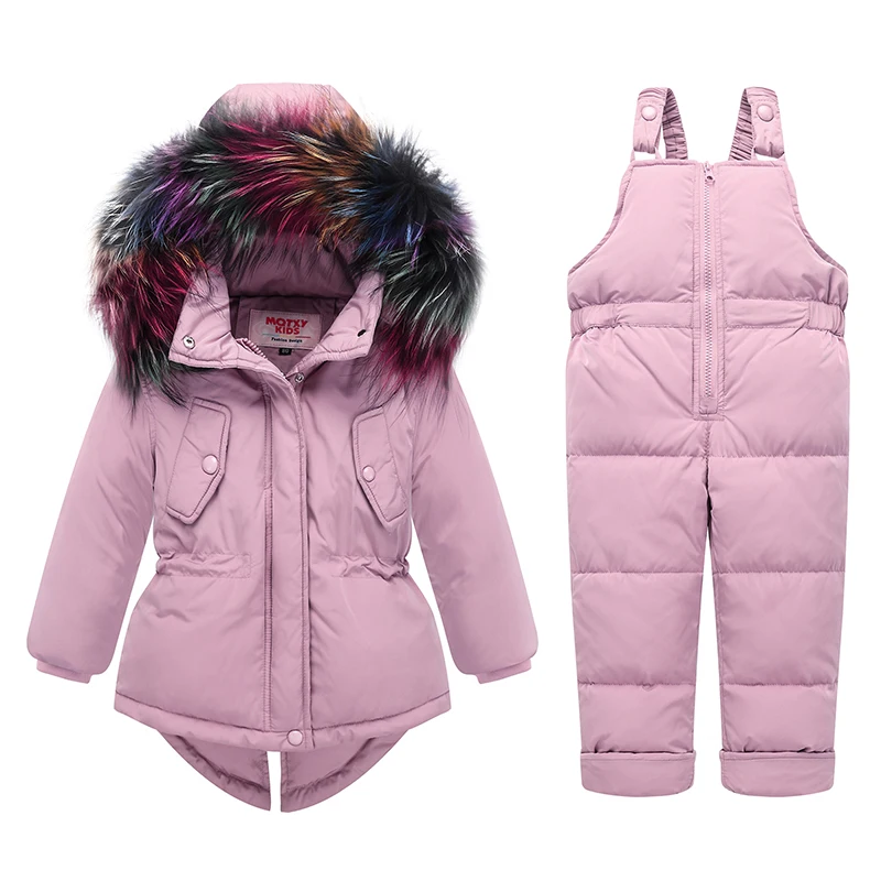 Комплект с пуховиком для маленьких мальчиков и девочек, детское теплое пуховое пальто средней длины теплая зимняя одежда с разноцветным ворсом для малышей Комплект из двух предметов