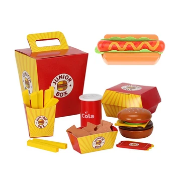 

Wooden Fast Food Hot Dog Sandwich Burger Dinner Set Preschool Kids Toy