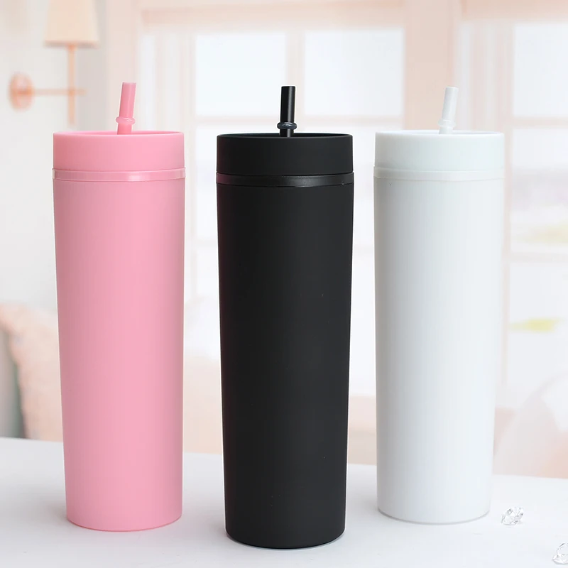 Wholesale 16oz Plastic Skinny Tumbler Slim Juice Cups Candy Colors With Lid  And Straw Portable Water Bottle For Party Gift - AliExpress