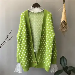 Осень-зима 2019, зеленые свитера в горошек, Женский вязаный кардиган, куртка средней длины, Свободное пальто, верхняя одежда