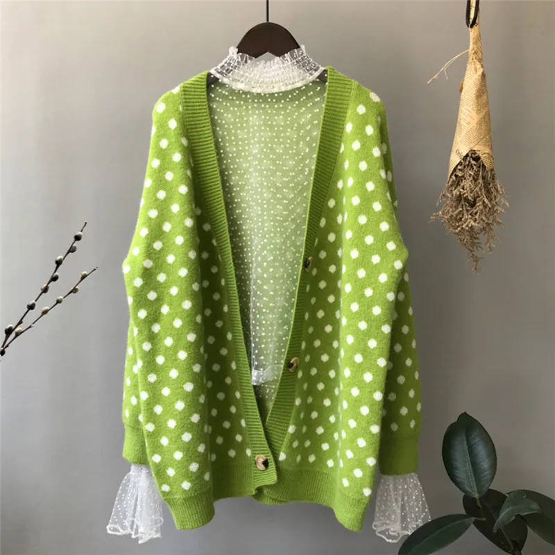 

2019 Autumn Winter Polka Dot Green Sweaters Women Knitting Cardigan Jacket Medium-Long Loose Coat Outerwear
