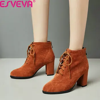

ESVEVA 2020 Casual Round Toe Lace Up Zipper Women Shoes Flock Elegant Square High Heel Autumn Winter Ankle Boots Big Size 34-43