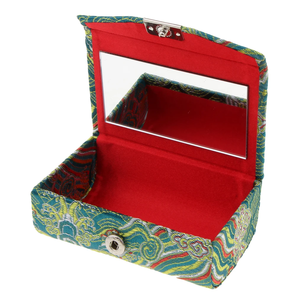 Retro Brocade Embroidered Chinese National Costume Design Lipstick Jewelry Case Holder Box With Mirror- Holds 2 Lipsticks