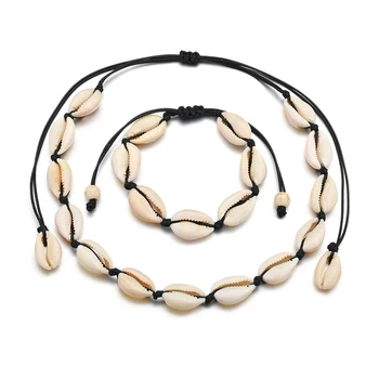 

2Pcs/set Natural Cowrie Shell Necklace Bracelet Set for Women Bohemian Style Rope Chain Choker Bangle Necklace Jewelry