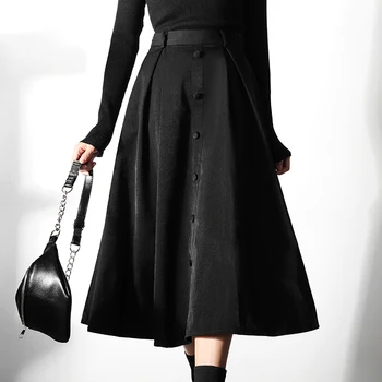 

Black Singel Button Casual Mid Waist Pleated Skirt Women 2020 Spring Streetwear Ladies Solid A Line Minimalist Zipper Skirt