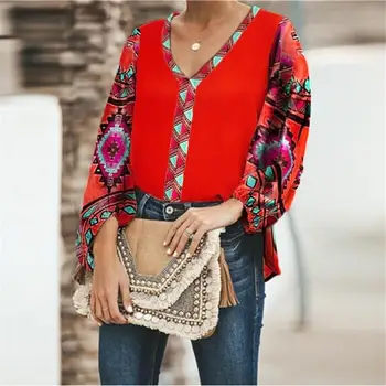 

Women Ethnic Style Bohemian Shirt Blouse Sexy V Neck Beach Blusas Casual Printed Boho Blouses