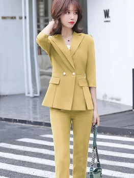 

Hot Sale Green Yellow Black Two Pieces Set Women Pant Suit Big Size S-5XL Half Sleeve Single Breasted Ruffle Hem Blazer And Pant