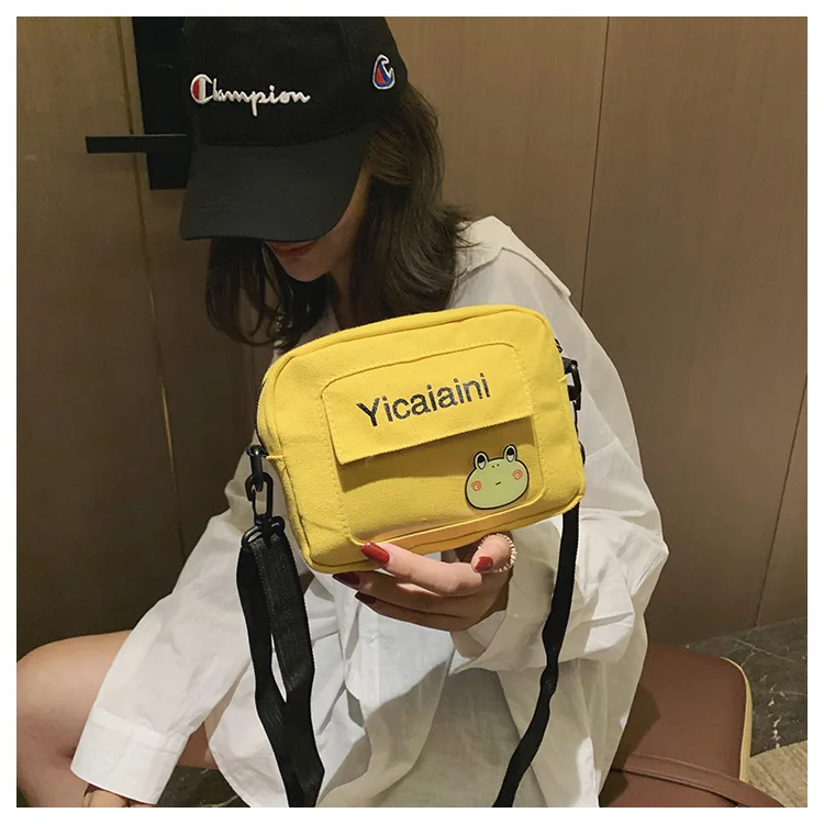 

2020 New Style Korean-style Small Canvas Bag Cartoon Harajuku-Style Square Sling Bag GIRL'S Casual Versatile Crossbody Bag