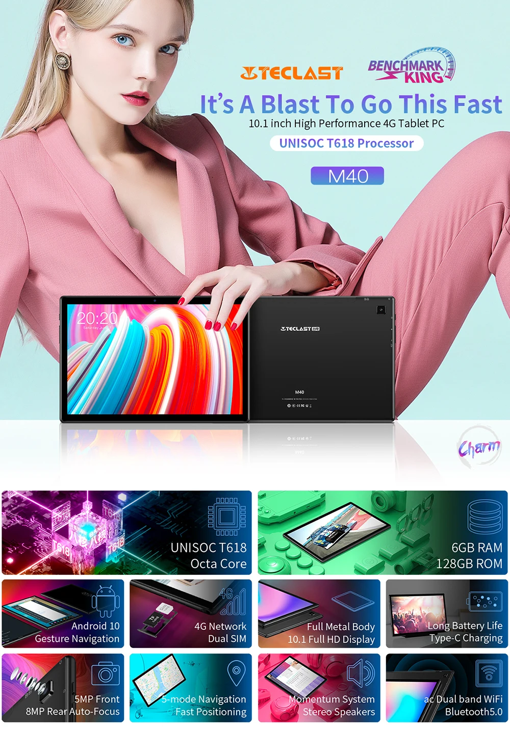 Teclast M40 10.1'' Android 10 Tablet 6GB RAM 128GB ROM UNISOC T618 Octa Core 4G Network Tablets PC 1920x1200 Dual Wifi Type-C most famous tablet