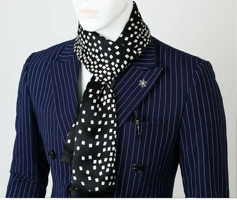 Men's 100 Silk Scarf Long Double Layer Neckerchief Cravat Suit Shirt Black  Blue
