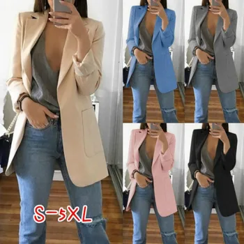 

2020 spring new Blaze women plus size 5L fashion women clothing Casual Notched Long blazers korean long coat pocket top