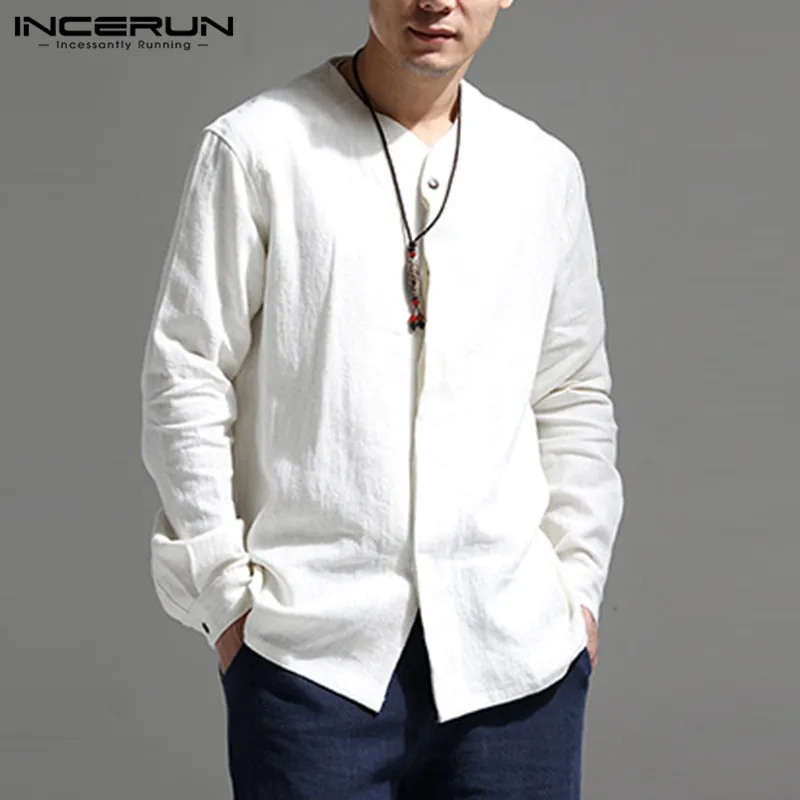 INCERUN Vintage Men Shirt Long Sleeve Retro Cotton Linen Button Chinese Style Casual Camisa Masculina V Neck Solid Shirts