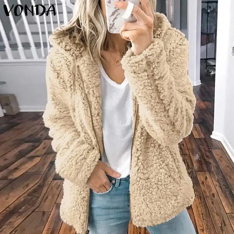 price cut  VONDA 2019 Autumn Winter Coat Women Faux Fur Hooded Coats Jackets Zipper Long Sleeve Thicken Fleece