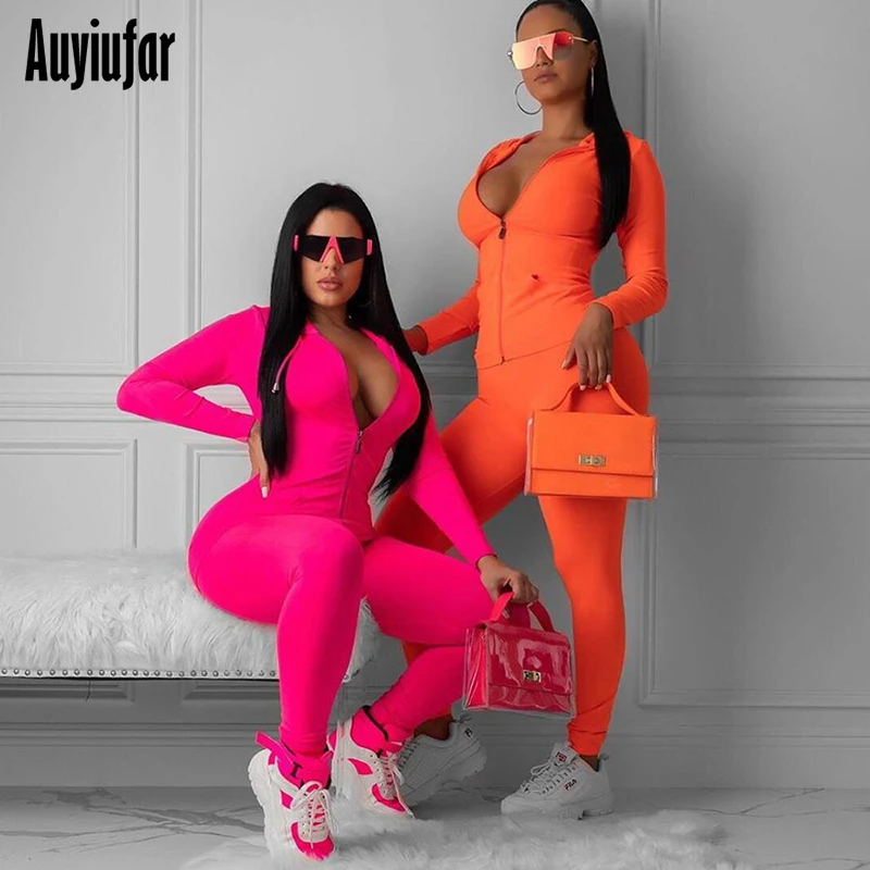 

Auyiufar Fitness Sporty Workout 2 Piece Set Active Wear Casual Tracksuit Set New Solid Zipper Long Sleeve Crop Top And Pants Set