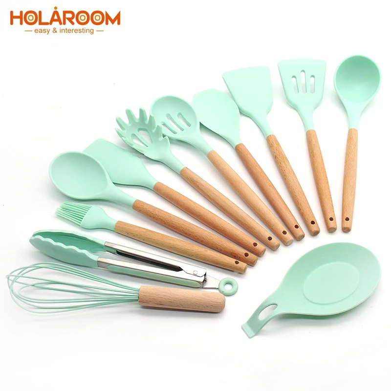 

Holaroom Food Grade Silicone Kitchen Cooking Utensils Turner Spatula Spoon With Wooden Handle Practical Cooking Tool Kitchenware