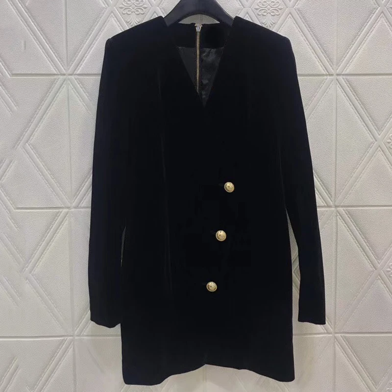 Black Mini Dress Women Elegant Sexy V-neck Button Dresses Fashion Long Sleeve Dress Women Clothing