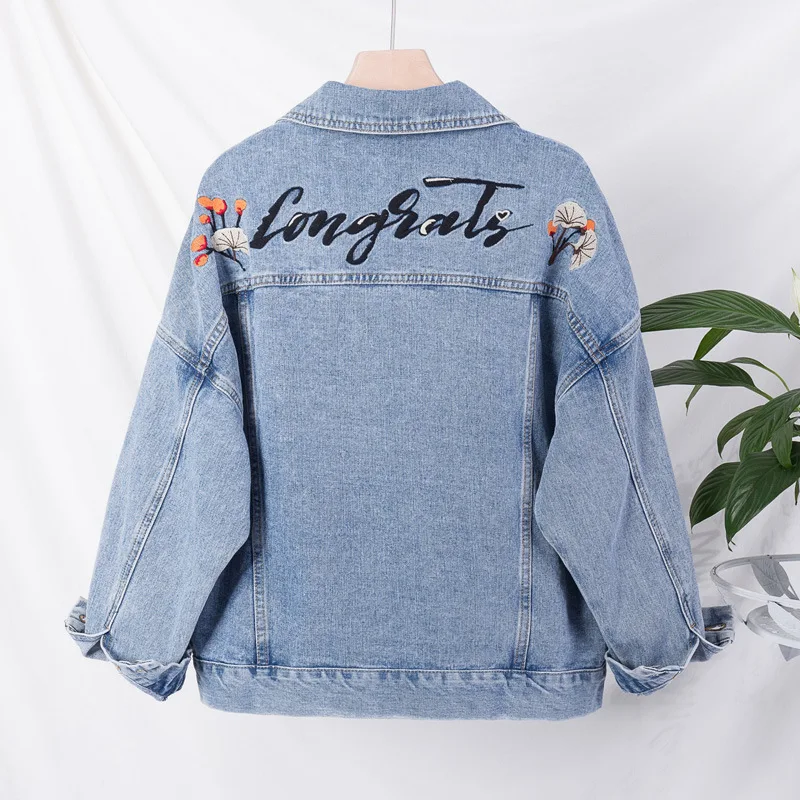 

2019 Autumn Large Size Dress Fat Mm Loose-Fit Slimming Embroidered Cowboy Jacket Women's Europe And America 200 Tops