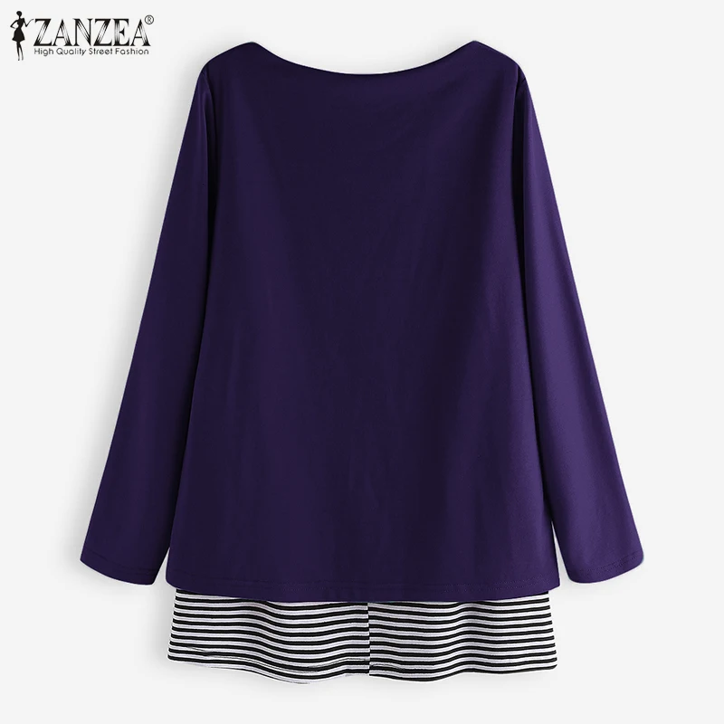 ZANZEA Топы Blusas Женская Повседневная блуза с длинным рукавом Женская Лоскутная полосатая рубашка с принтом кота свободная туника с круглым вырезом