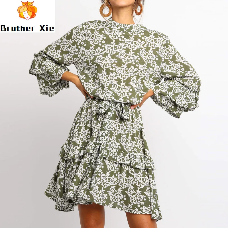 

2020 Spring Summer Elegant Short Dress Women Floral Print Elegant A Line Party Dress Ruffles Sashes Casual Boho Mini Dresses