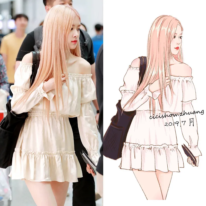 

kpop Korean Celebrity same new One word Collar off shoulder dress women summer loose receive waist trumpet sleeve fairy dresses