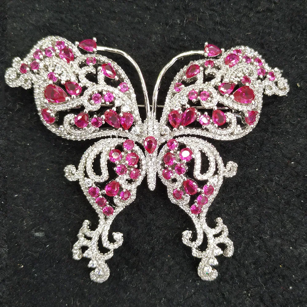 70X57mm Women's High Quality  White gold plated Mixed Color Cz micro butterfly brooch