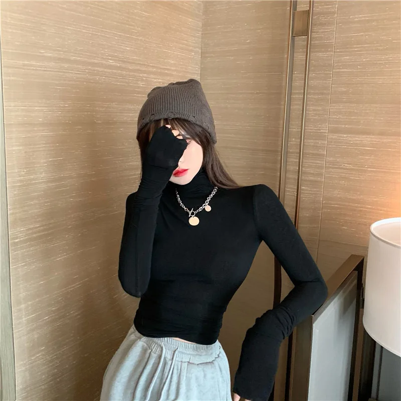 

Autumn and winter high-necked long-sleeved suit tops women's tight-fitting high-stretch thin tops Korean fashion solid black