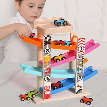 

Wooden Ramp Race Track 6 Mini Inertia Car Sliding Toy Vehicels Train Baby Toddler Racing Skill Developmental Kids Gift