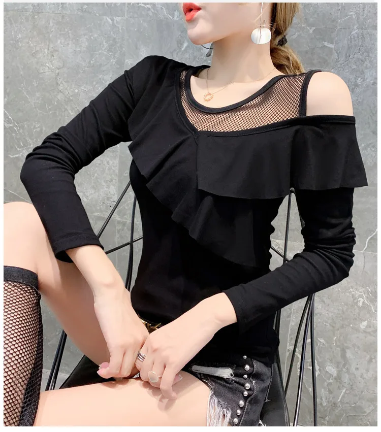 3726 Black Long Sleeve T Shirt Women One Shoulder Tops Spliced Ruffles Slim Stretch Sexy Nightclub Top Female Mesh Round Neck