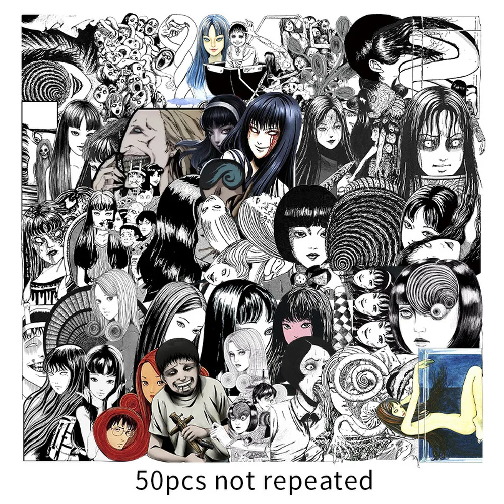 Venta Pegatina de cómic de Horror para monopatín, adhesivo impermeable de Anime japonés Tomie, para equipaje y portátil, color blanco y negro, 10/21/49/50/56 Uds. nlKDLkQ5N