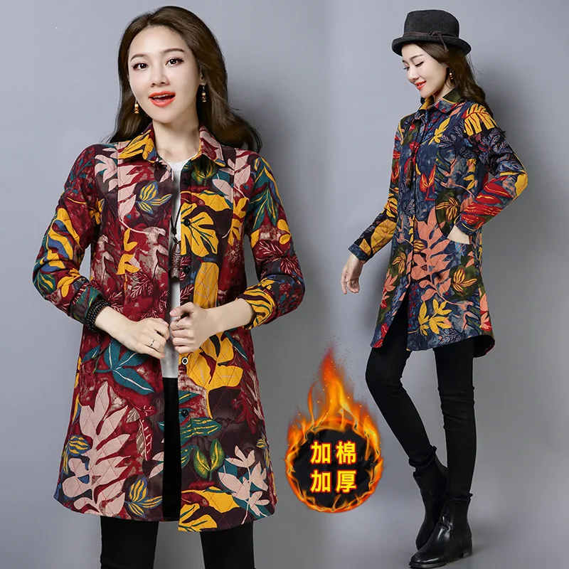 

Photo Shoot 8090 # Cotton Linen Retro Printing plus Velvet Shirt Loose Warm Comfortable Fold-down Collar Mid-length Trench Coat