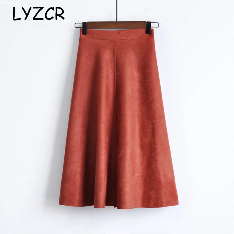 

LYACR Winter Women Suede Skirt Midi High Waist Skirts For Women Loose A Line Vintage Women's School Skirt Female Autumn 2019