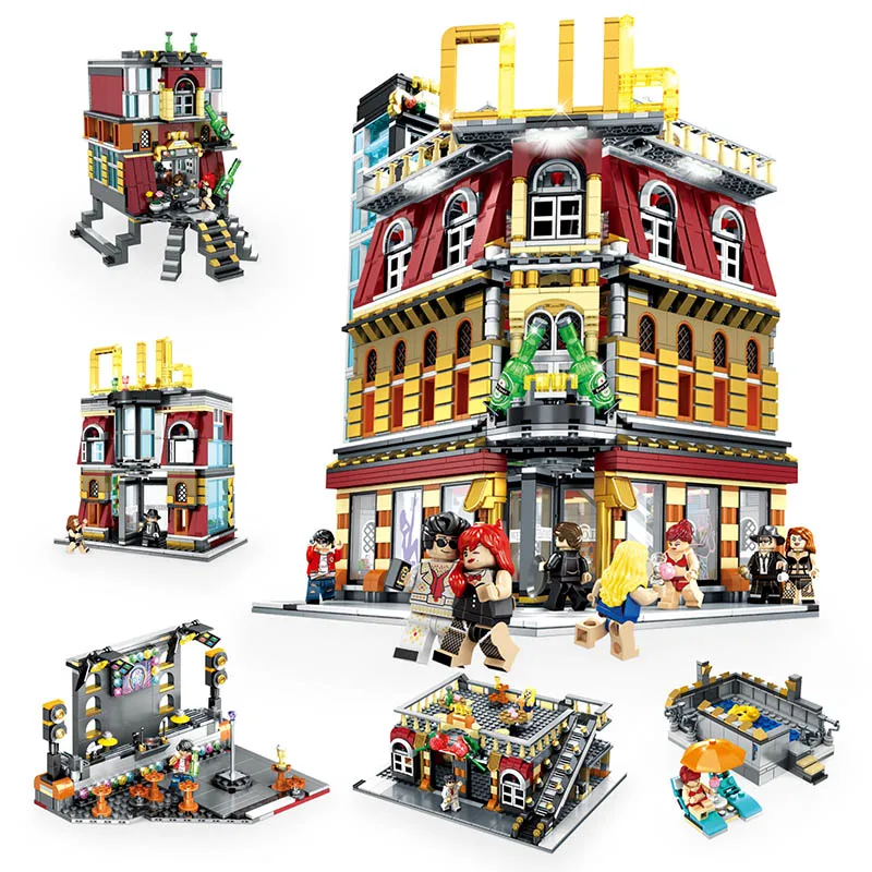 Baratos MOC creador experto LED 5in1 lujo Club nocturno ciudad vista de la calle bloques de construcción 2488 piezas ladrillos niños regalos juguetes para los niños