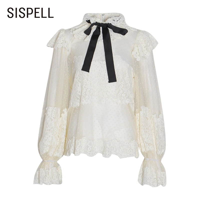 

SISPELL Embroidered Mesh Women's Shirt Stand Collar Lantern Sleeve Loose Lace Bowknot Blouse Female 2019 Fashion New Clothes