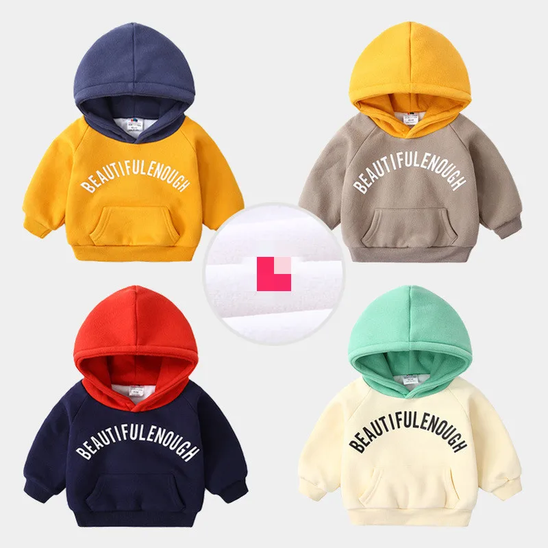 Kids Winter Hoodies Sweatshirt Plus Velet Letter Print Color Patchwork Thickening Fleece