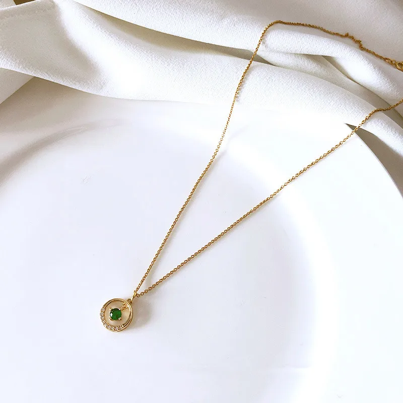 925 Sterling Silver Emerald Crystal Geometric Circle Pendant Clavicle Chain Necklace Women 14k Gold Plating Simple Party Jewelry - Image 3