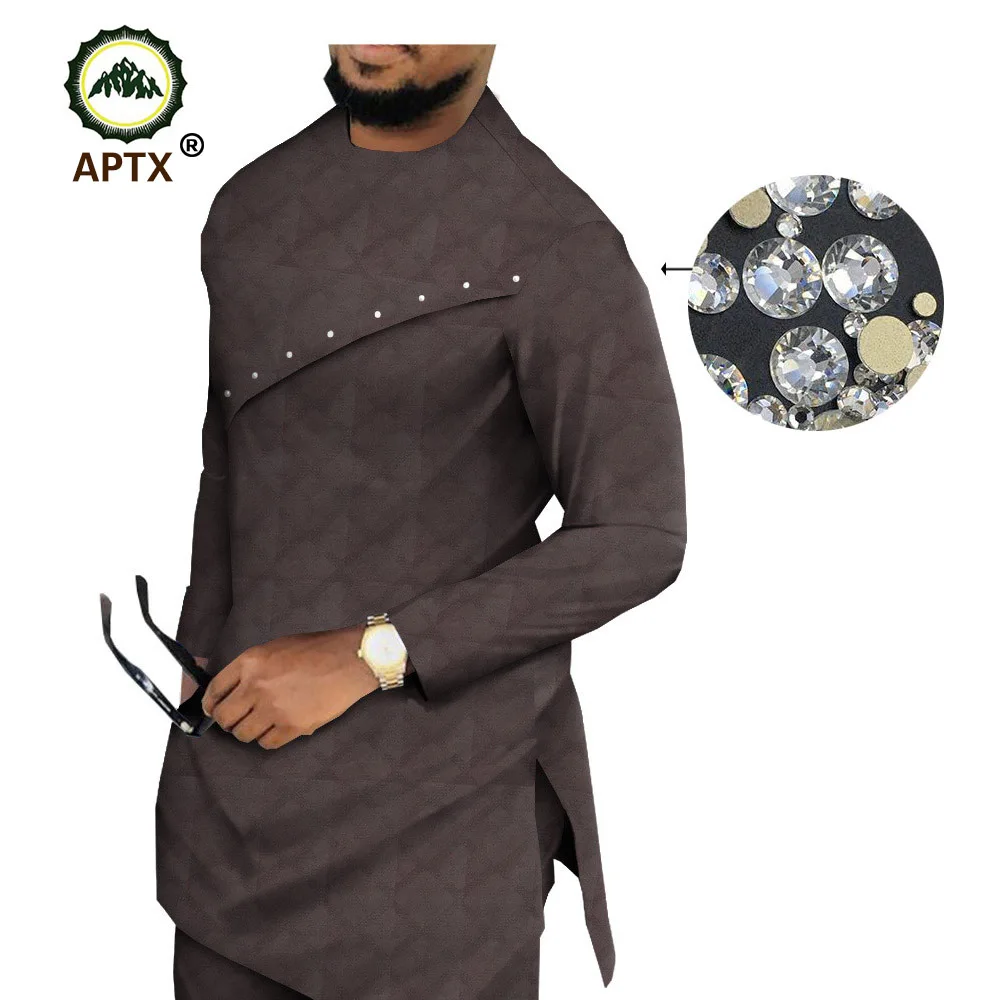 Reviews APTX Muslim cotton suit for men jacquard fabric full sleeves side slit top+ slim pants men's casual suit T1916004