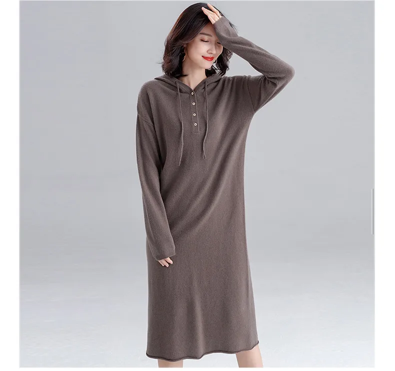 XJXKS wool knitted dress women pullover autumn winter new fashion hooded loose plus size casual women long sweater