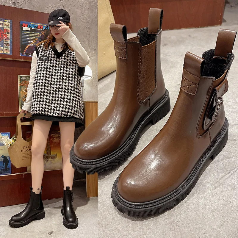 Женские ботинки челси на платформе коричневые черные бежевые или белые короткие