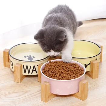 

Pet Dog Cat Bowl Pets Dining Table Cat Feeder Cartoon Ceramic Bowl with Bamboo Stand for Feeding and Drinking Pet Accessories