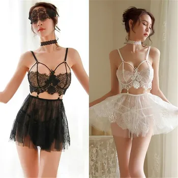 

Backless Women Sleep Wear Night Gowns With Thong Sets v-Neck Lace Sexy Young Girl Stripe Design Black White Red New