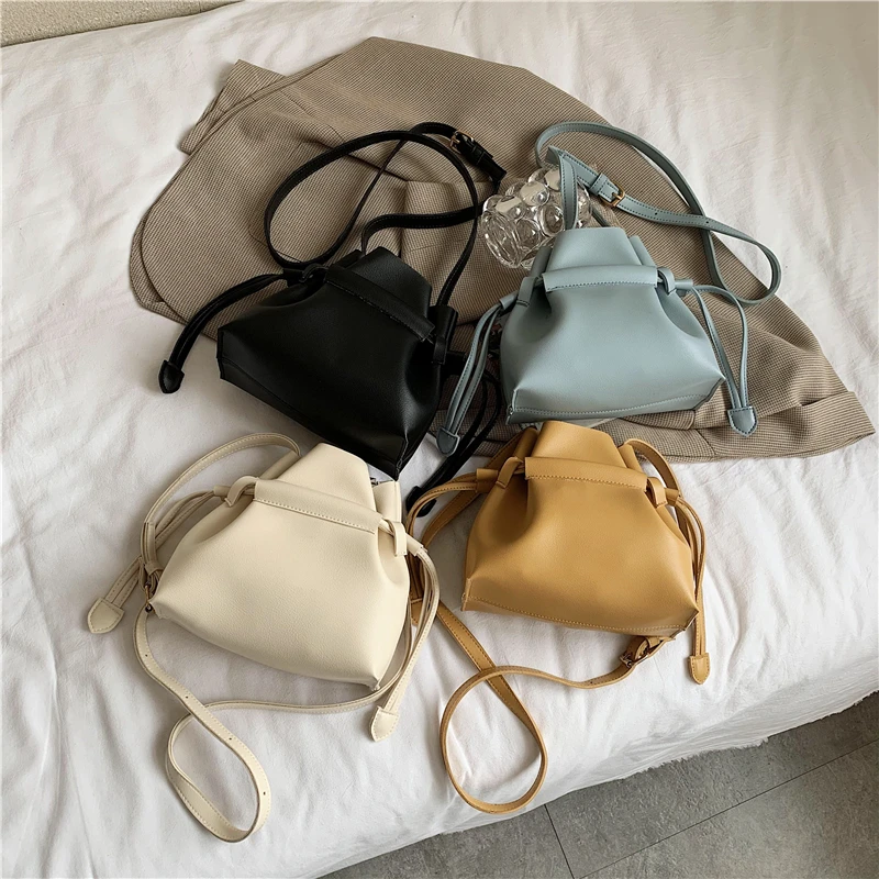 Mini Pu Leather Drawstring Crossbody Bags for Women 2021 Branded Trendy Shoulder Handbags and Purses Party Totes