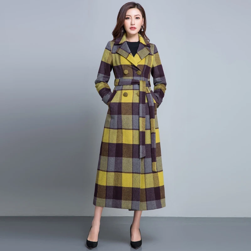 Casaco feminino, длинное осенне-зимнее шерстяное пальто, женское повседневное клетчатое пальто с цветочным принтом, толстое теплое пальто на пуговицах с карманом