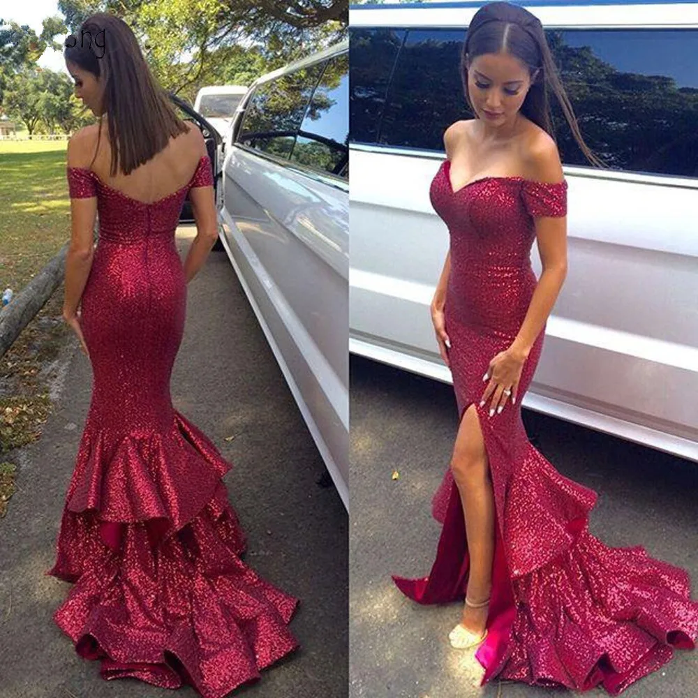 Sexy-Wine-Red-Sequined-Long-Mermaid-Honor-Of-Bride-Off-The-Shoulder-Side-Split-Ruffles-Long