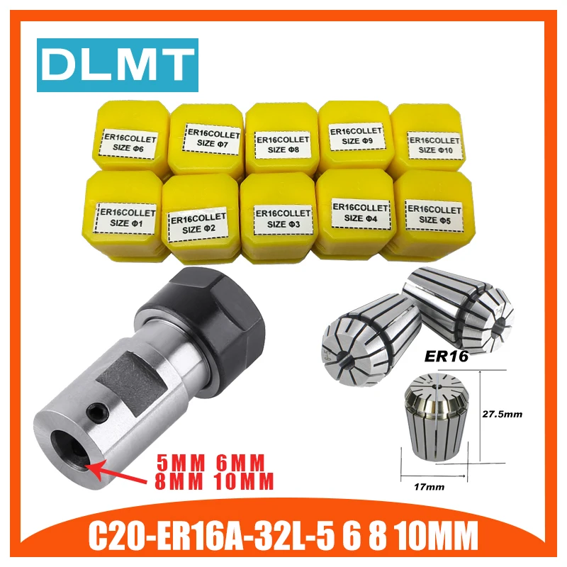 

ER16Spring Collet 10PCS C20 ER16 Collet Chuck Motor Shaft Extension Rod Spindle Collet Lathe Tools Holder Inner 5MM 6MM 8MM 10MM