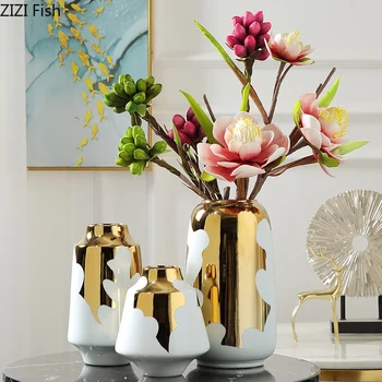 

NEW LUXURY GOLDEN WHITE CERAMIC VASE LIVING ROOM WINE CABINET SHOP DECORATION CREATIVE HYDROPONIC FLOWER ARRANGEMENT FLOWER VASE
