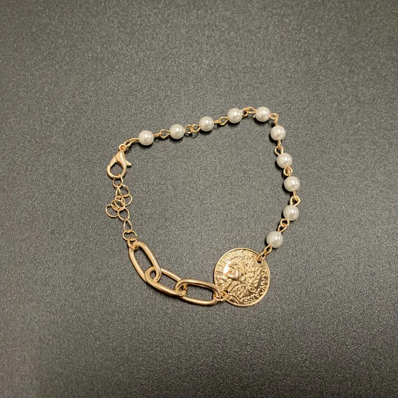 SRCOI металлическая монета имитация жемчуга звено цепи браслет человеческий голова узор Круглый геометрический этнический браслет кулон женщины Wedding - Окраска металла: B