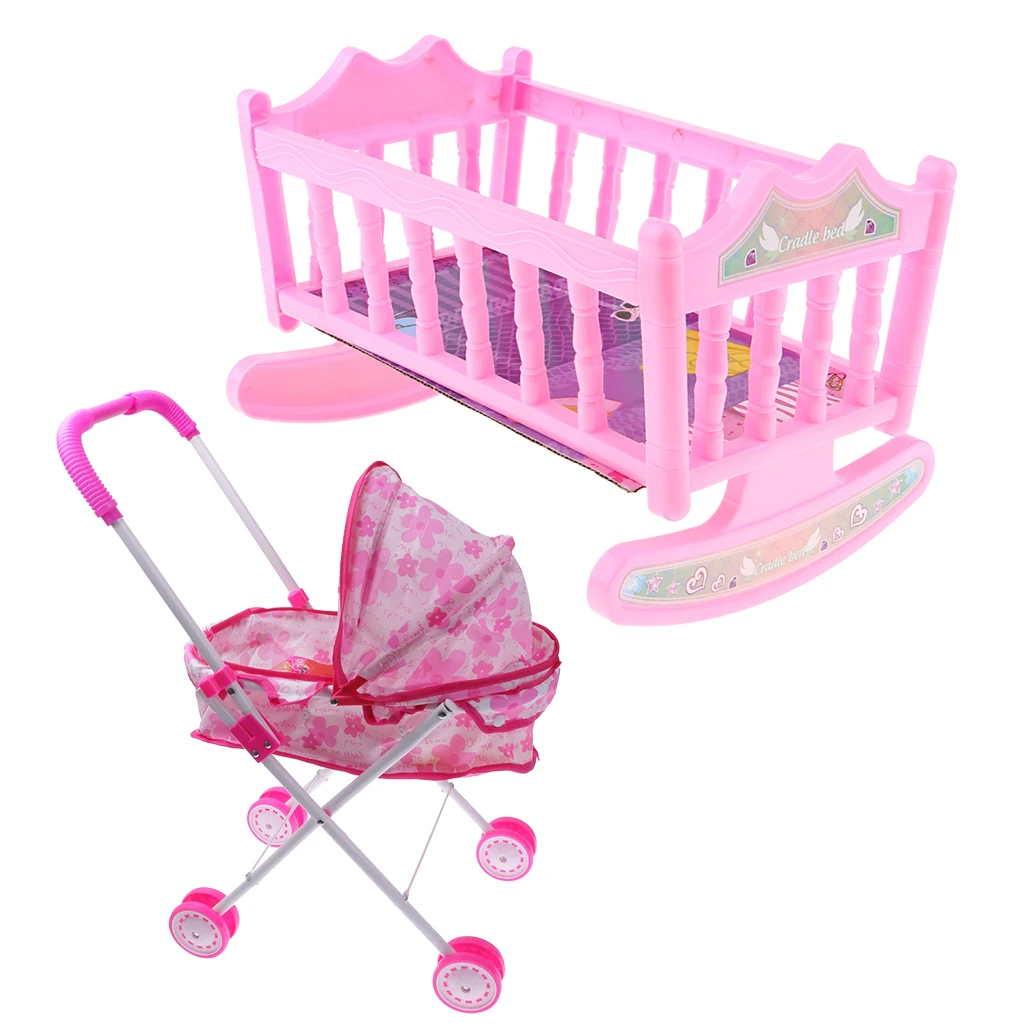 Pink Doll Pram Buggy Plastic Pushchair Stroller & Baby Bed Crib Miniature For 25-28cm Doll Kids Pretend Play Toys